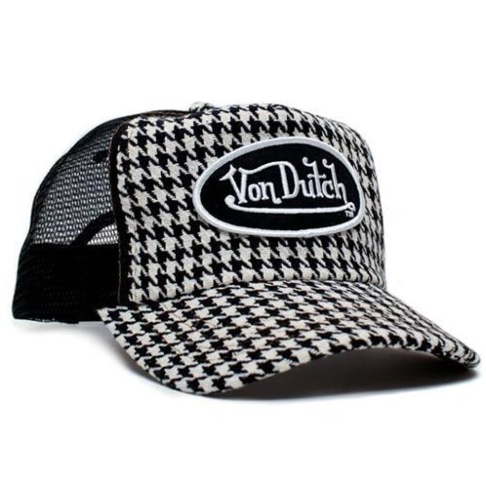 Retro Y2K Designer Authentic Vintage Houndstooth Black Mesh Trucker Cap 2000s - Picture 1 of 3
